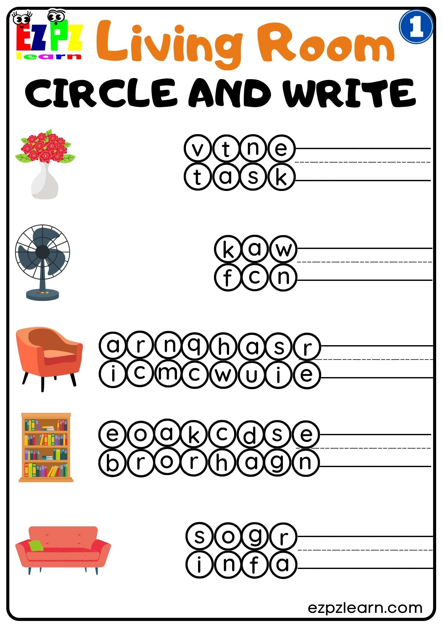 G1 Living Room Circle and Write Worksheet for Parents and Teachers Free PDF Download